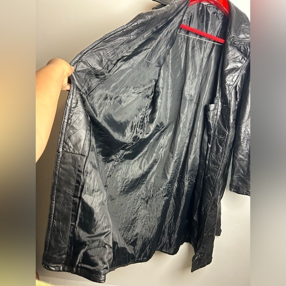 VTG 100% Genuine Leather Black Longline Trench Coat Jacket Motorcycle Equestrian - Picture 7 of 16
